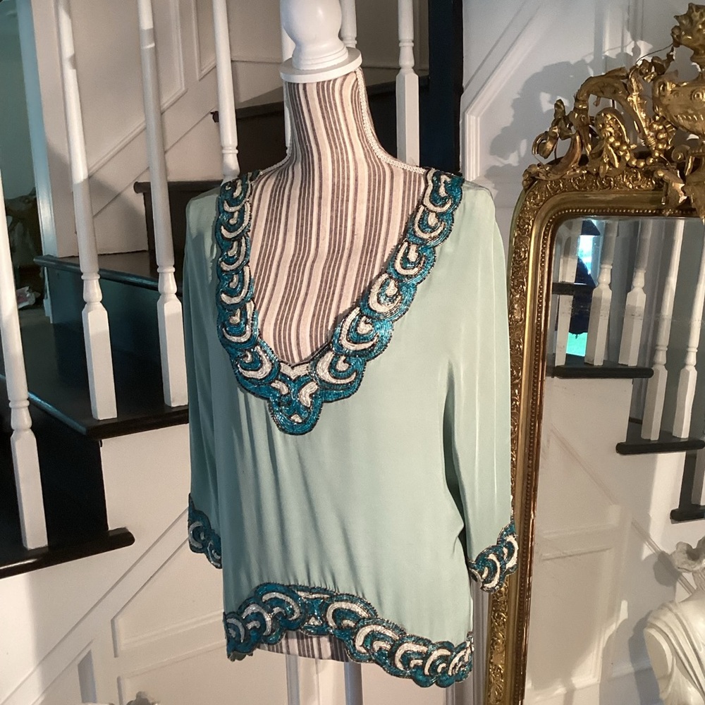 Tracy Reese turquoise beaded silk blouse